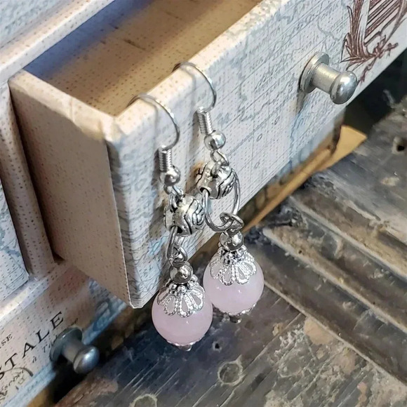 Pink Rose Quartz Lacy Trim Silver Carved Rose Handcrafted Earrings - Picture 9 of 10